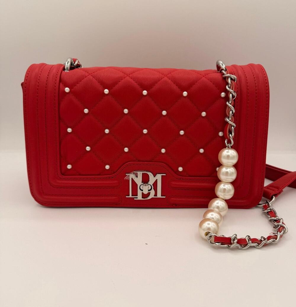 Badgley Mischka Red Quilted Pearl Crossbody Bag Silver Chain Strap NWT